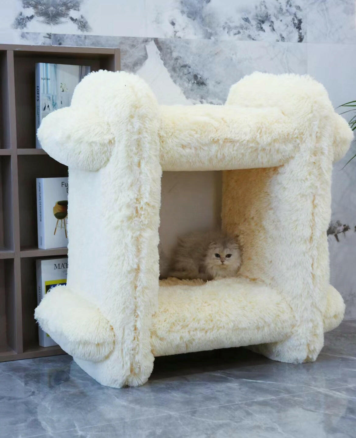 yellow pet cozy bed, climbing frame, and tunnel.